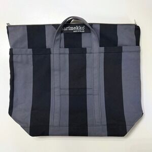 Marimekko Matsukuri Canvas Tote Bag Grey Black Striped Zip Top Finland Large